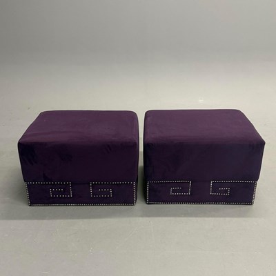 Lot 343 - PURPLE VELVET UPHOLSTERED OTTOMANS, A PAIR.