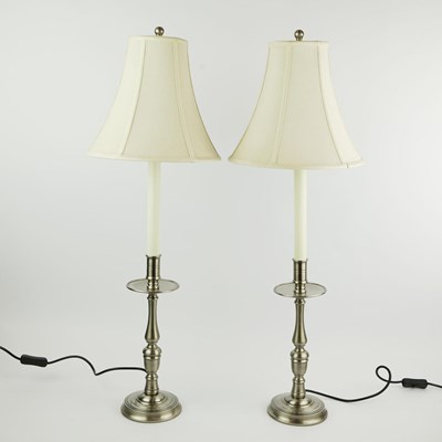 Lot 298 - CANDLE STICK FORM TABLE LAMPS, A PAIR.