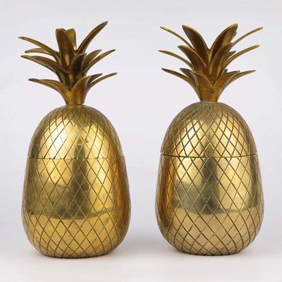 Lot 242 - PAIR OF GILT METAL PINEAPPLE JARS.
