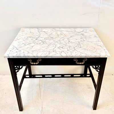 Lot 295 - CHINESE CHIPPENDALE REVIVAL MAHOGANY WRITING TABLE WITH WHITE MARBLE TOP.