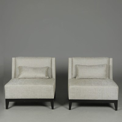 Lot 341 - GREY FABRIC UPHOLSTERED LOUNGE CHAIRS, A PAIR.