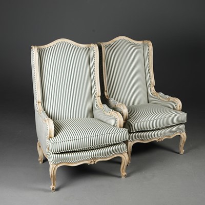 Lot 215 - PAIR OF LOUIS XV STYLE PAINTED WING ARMCHAIRS (2).