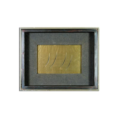 Lot 17 - AFTER LUCIO FONTANA. GOLD FOIL TIPPED PLATE WITH FOUR CUTS.