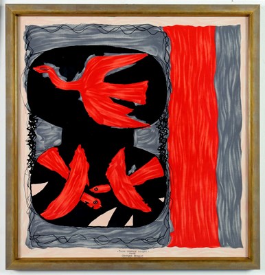 Lot 30 - AFTER GEORGES BRAQUE. TROIS OISEAUX ROUGES ON SILK.