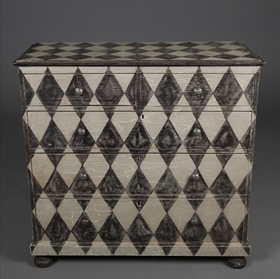 Lot 325 - 19TH CENTURY HARLEQUIN PAINTED CHEST.