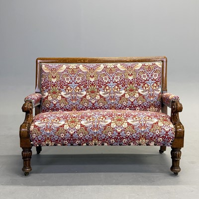 Lot 342 - VICTORIAN OAK BENCH UPHOLSTERED IN WILLIAM MORRIS FABRIC