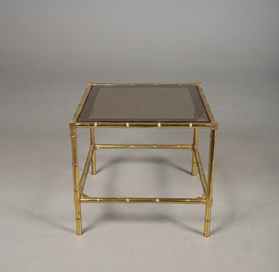 Lot 64 - 1970s FRENCH FAUX BAMBOO BRASS AND GLASS SIDE TABLE.