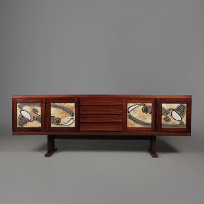Lot 15 - 1970s DANISH GANGSO MOBLER ROSEWOOD SIDEBOARD WITH OX-ART STYLE TILED PANEL DOORS.