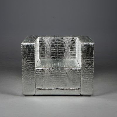 Lot 4 - 1990s PHILIPP PLEIN CLUB ARMCHAIR IN FAUX CROCODILE SILVER LEATHER UPHOLSTERY.
