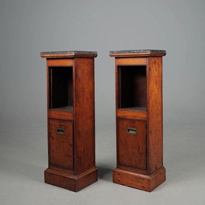 Lot 390 - PAIR OF VICTORIAN TEAK CAMPAIGN STYLE PEDESTAL CABINETS (2).