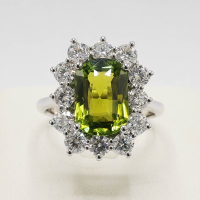 Lot 209 - AN 18CT WHITE GOLD TOURMALINE AND DIAMOND DRESS RING.